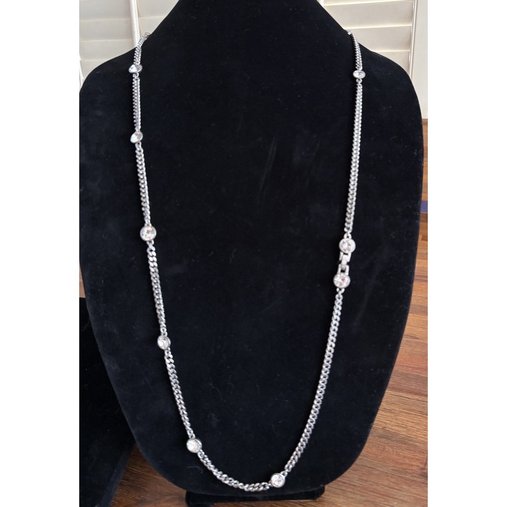 VTG Givenchy Silver Tone Station Chain Necklace‎ Diamond Rhinestone Signed 38"